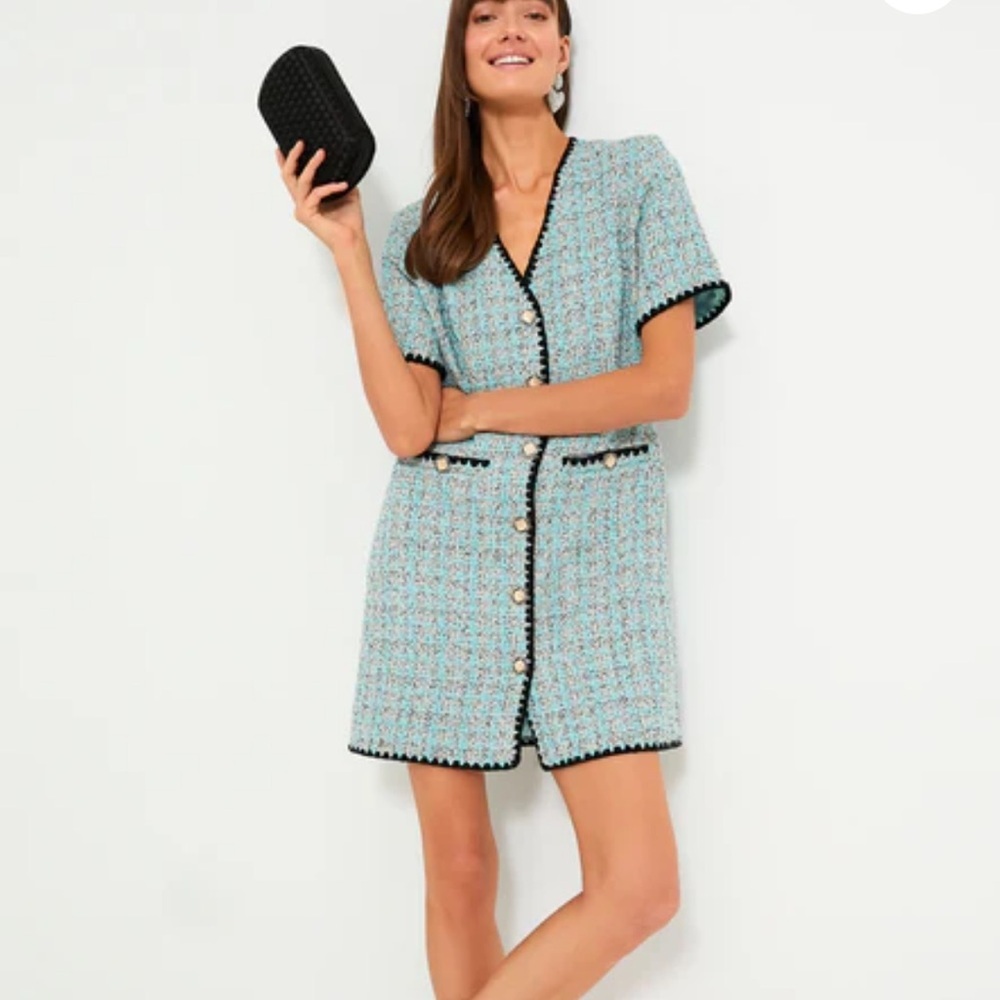 Pomander Place Light Blue Tweed Mini Dress with Black Trim